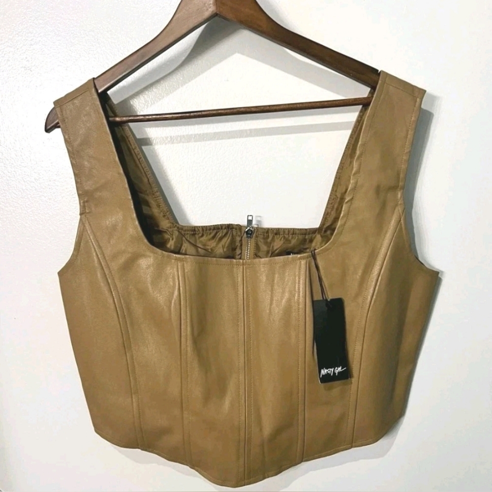 Nasty Gal Brown Faux Leather Square-Neck Crop Top Sz 18